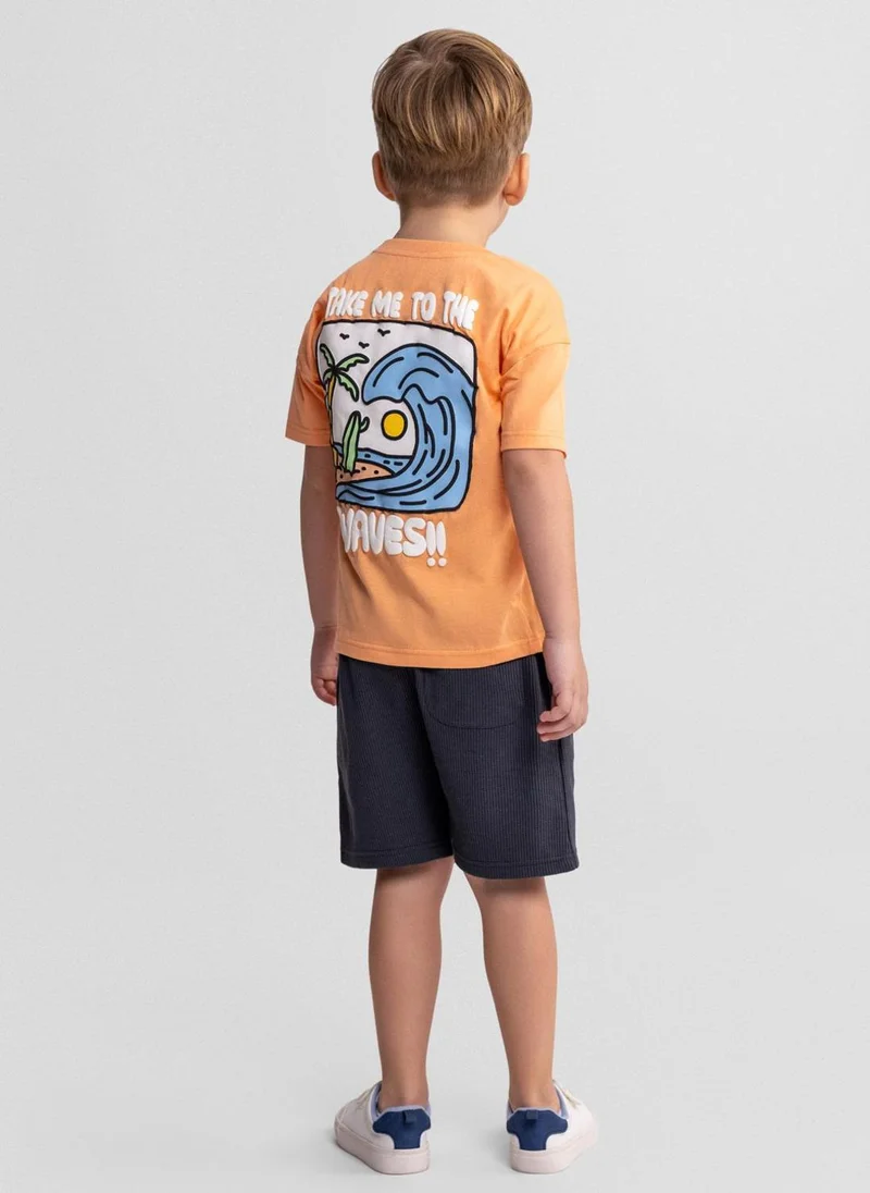 MINOTI Boys cotton t-shirt and waffle shorts set apricot and gunmetal